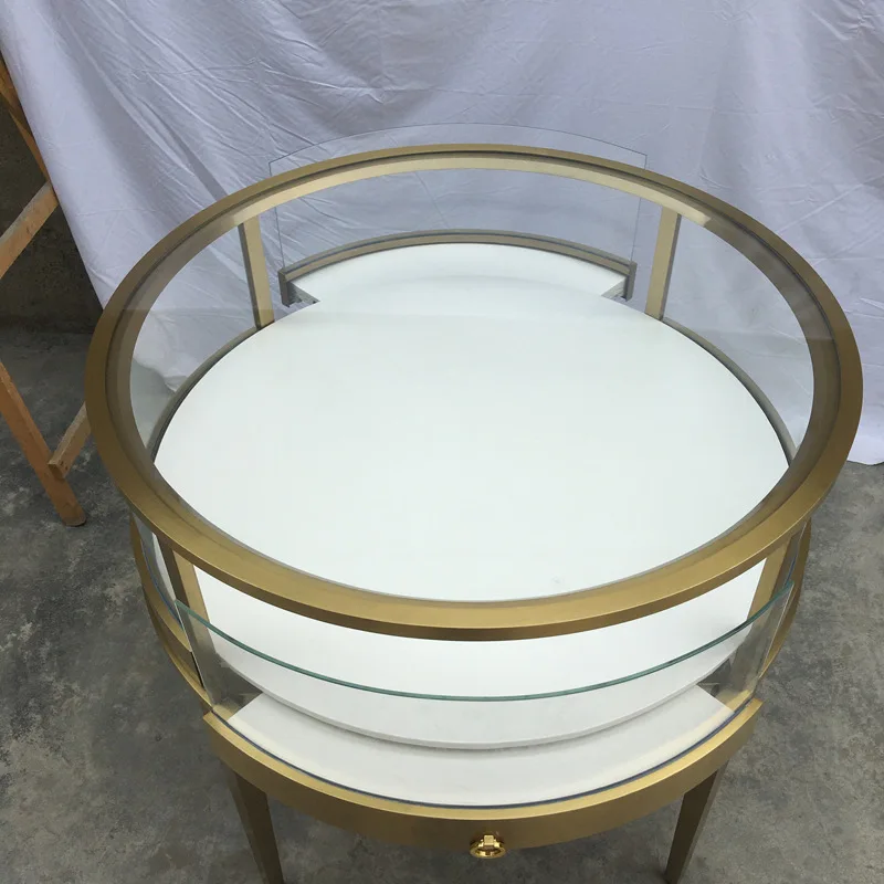 Round stainless steel jewelry display cabinet with lamp pull-out glass display cabinet