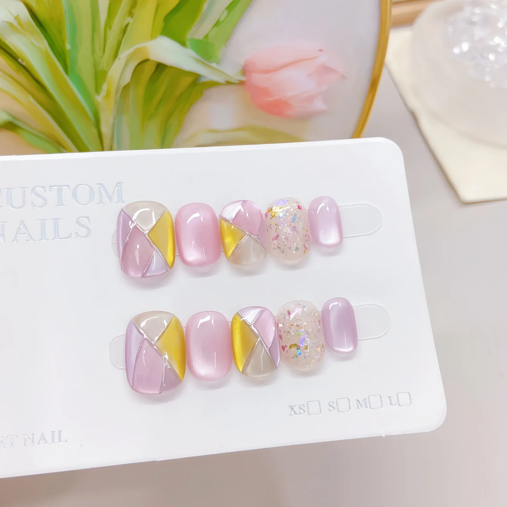 

10pcs Handmade Purple Grid Cat Eye Line Jump Color Glitter Cat Eye Wearable Nails Daily Gradient Light Luxury Nails for Women