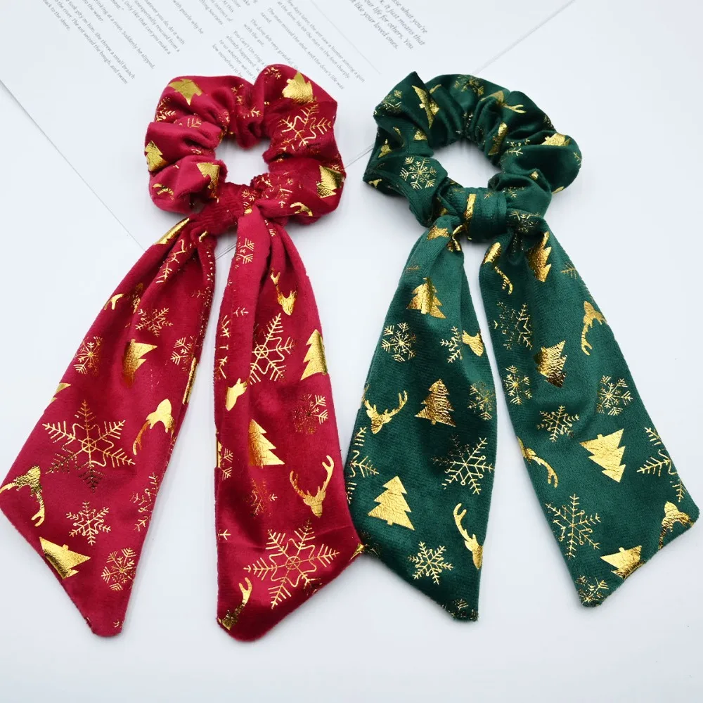1Pc Plush Christmas Hair Ties, Gold Foil Streamer Scrunchies for Women, Holiday Party Accessories No Damage