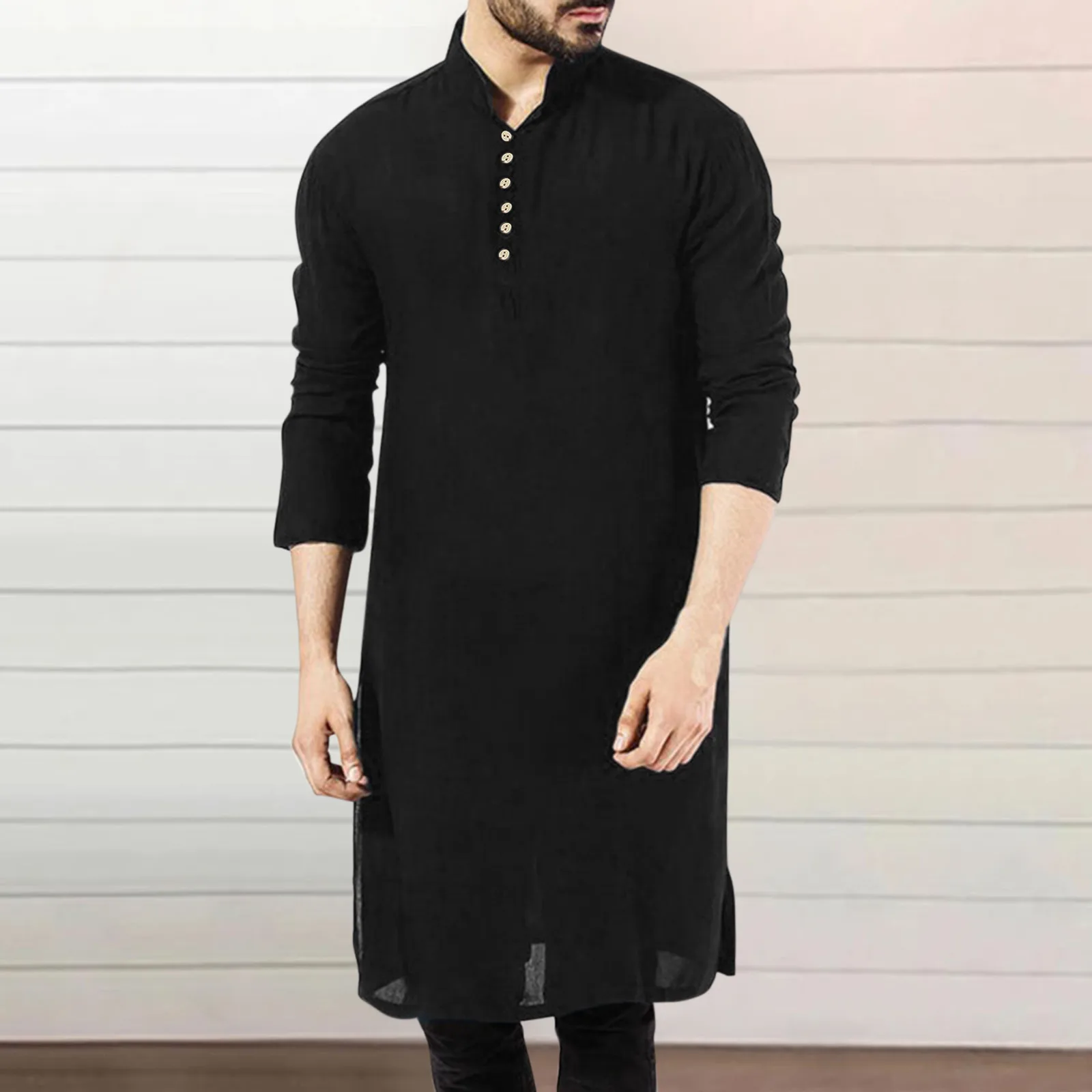 

Islamic Men's Button Jubba Thobe Casual Top Solid Stand Muslim Robes Long Sleeve Casual Loose Dubai Jubba Thobe Musulmane Kaftan