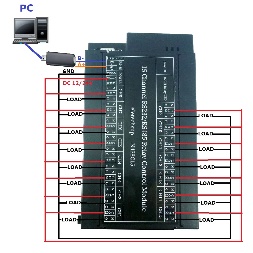 2PCS N438C15 15ch RS485/RS232 Modbus RTU Relay Board