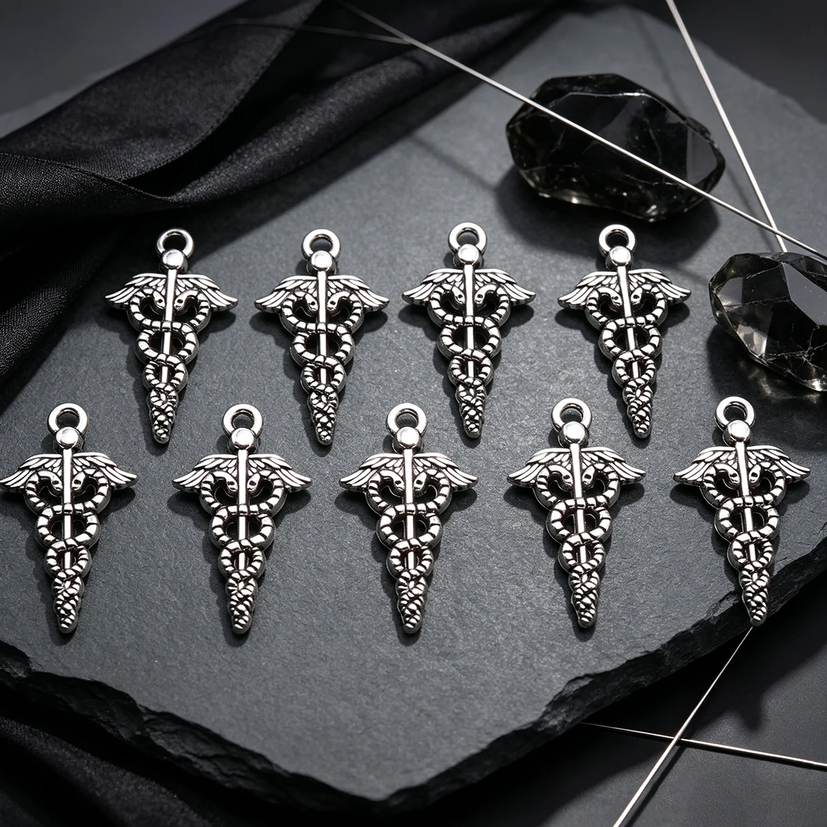 15-Piece Set of Double Snake Scepters DIY Handmade Pendants, Double-Winged Snake Scepter in Vintage Style, Suitable for DIY Bracelets, Necklaces, Earrings, and Hanging Ornaments, Handmade Beaded Decoration Accessories