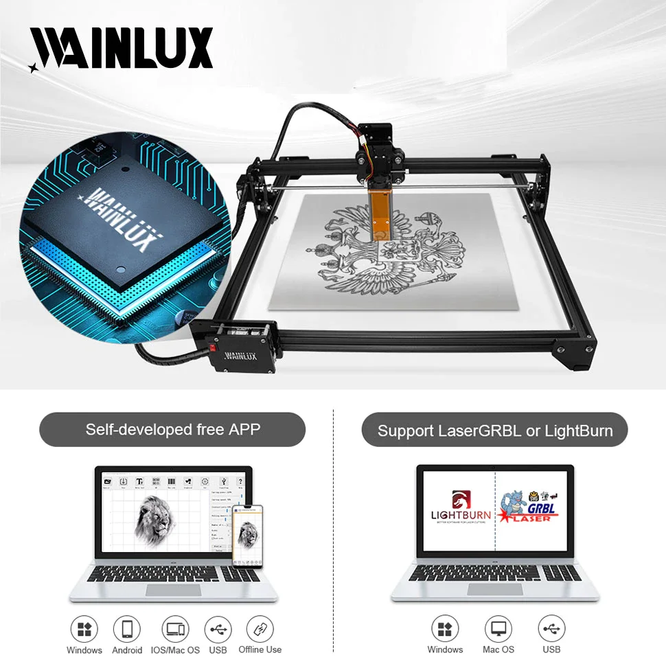 WAINLUX JL3 طابعة الحفر بالليزر 60 واط قطع حفارة آلة التصنيع باستخدام الحاسب الآلي 32 بت لتقوم بها بنفسك للخشب/الجلود/المعادن/الاكريليك/الزجاج