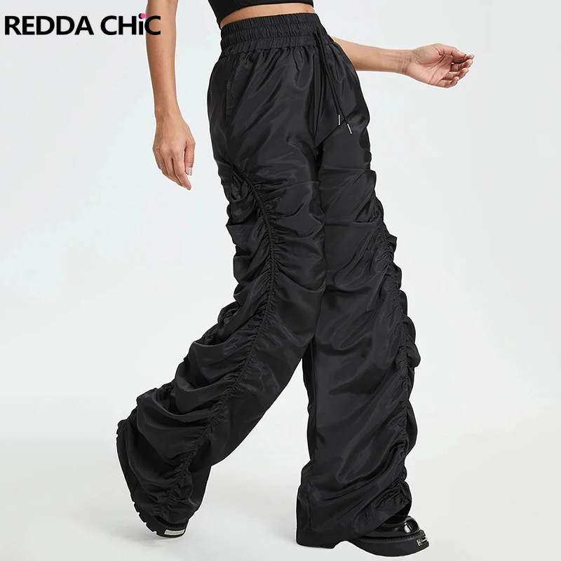 REDDACHiC Solid Black Drawstring Waist Ruched Pants Women Loose Casual Slacks Wide Leg Stacked Sweatpants Acubi Fashion Clothes