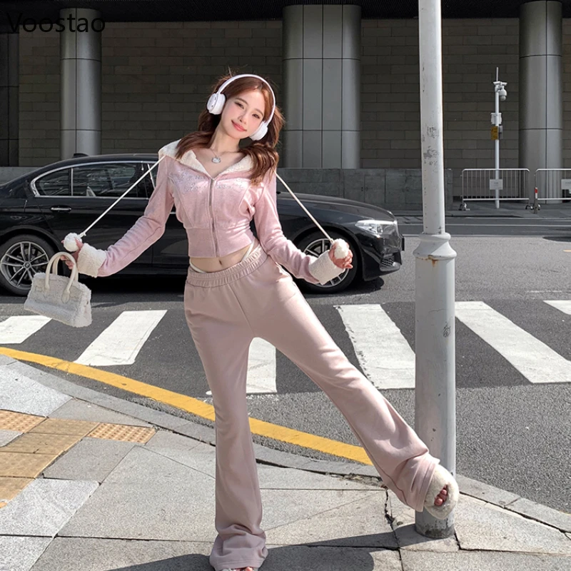 Autumn Winter Pink Kawaii Two Piece Set Women Sweet Cute Warm Hooded Coat Pants Suits Female Casual Korean Fashion Y2k Tracksuit