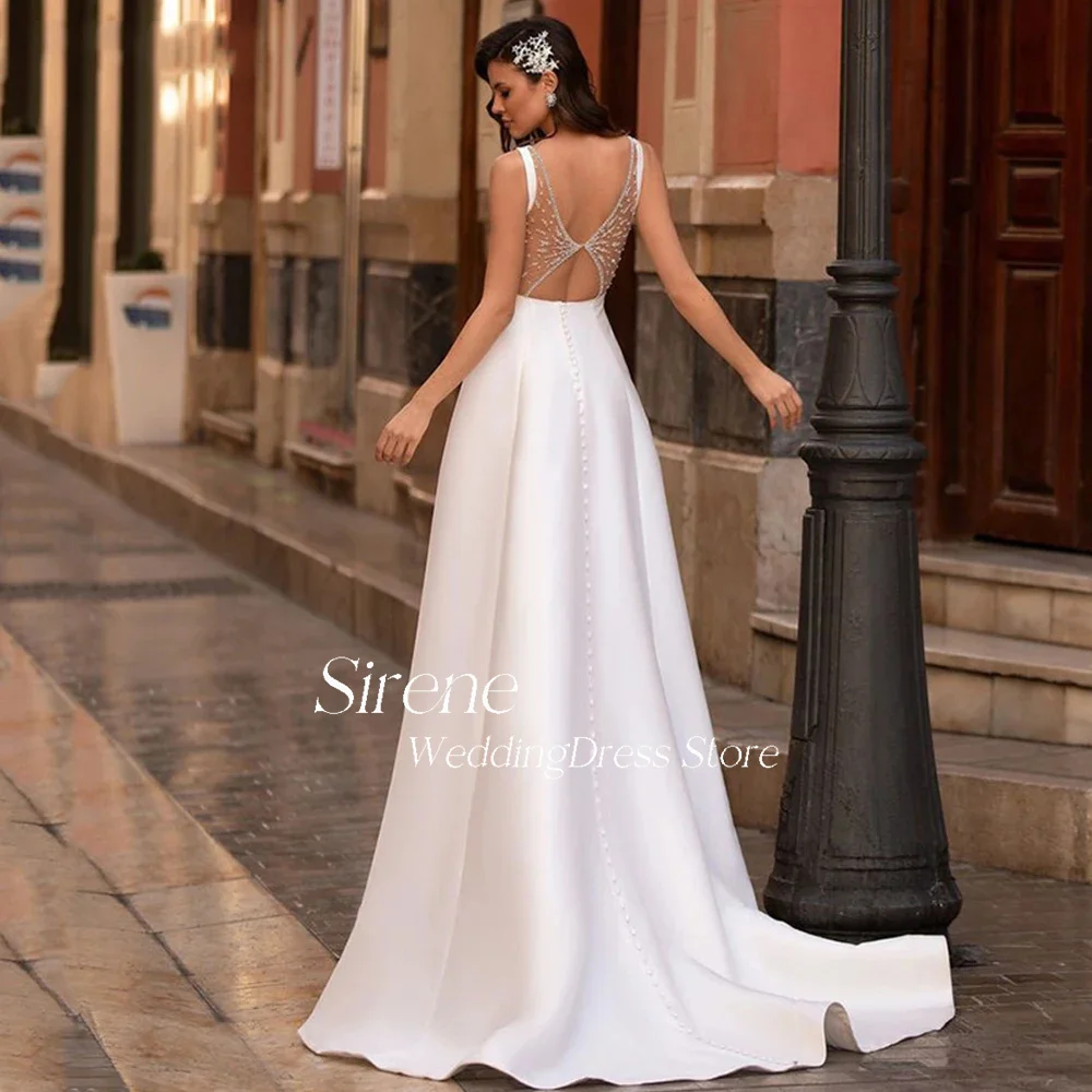 Sirene Simple White Stain Sequins Wedding Dresses Charming O Neck Strapless Back Illusion Floor Length Bridal Gowns Custom Made