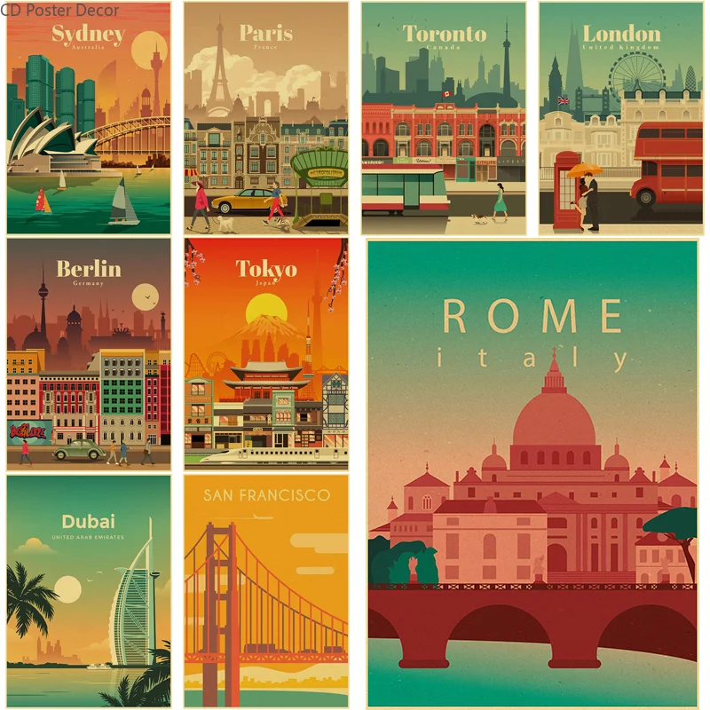 World Cities Travel Poster Rome Sydney Paris Dubai Retro Prints Landmark Architecture Vintage Room Home Art Wall Decor Painting