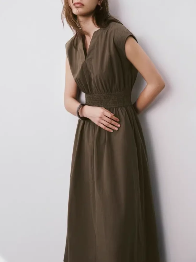 Letnia kolekcja 2025: Nowa moda damska, wyszczuplająca spódnica midi z wysokim stanem, prostym dekoltem w serek, elegancka, do pracy, w jednolitym kolorze.