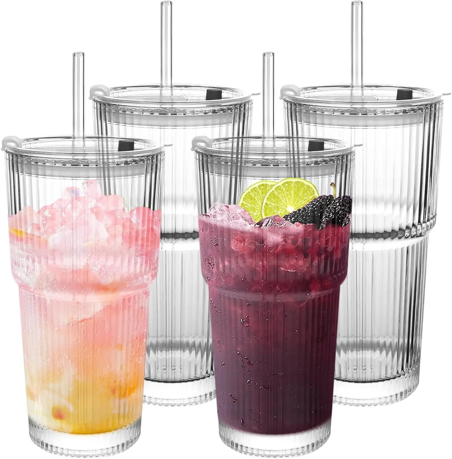 

Modern Ribbed Glass Tumbler 20oz, Complete Set with Lid, Glass Straw & Brush, Spill-Resistant Design, for Office & Travel