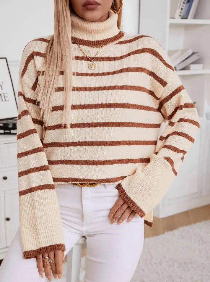 Elegant Collar Style Commuting Striped Women's Sweater Pullover Tops 2025 Autumn Winter Spring Fashion Casual Female Clothing