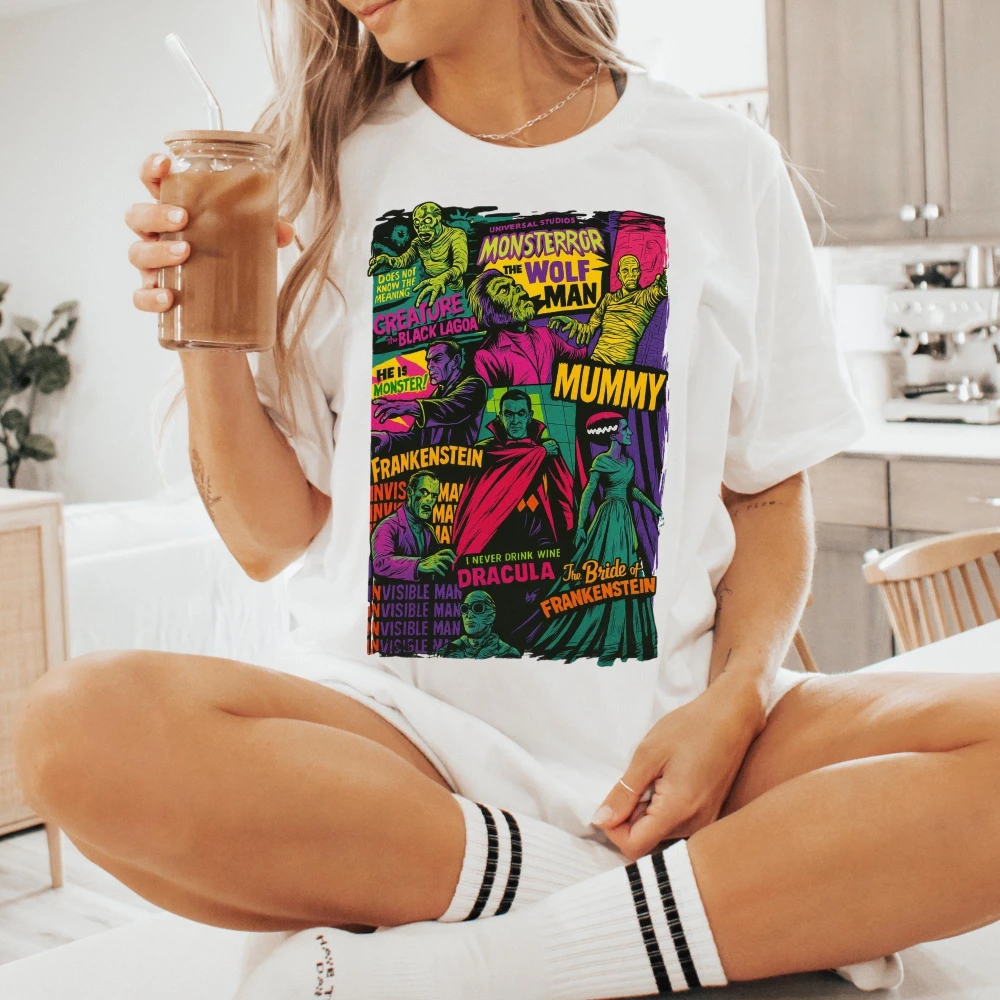 Vintage Universal Monsters T-Shirt Retro Horror Movie Graphic Tee Clothing Graphic Short Sleeve Shirt Men Women All-Season