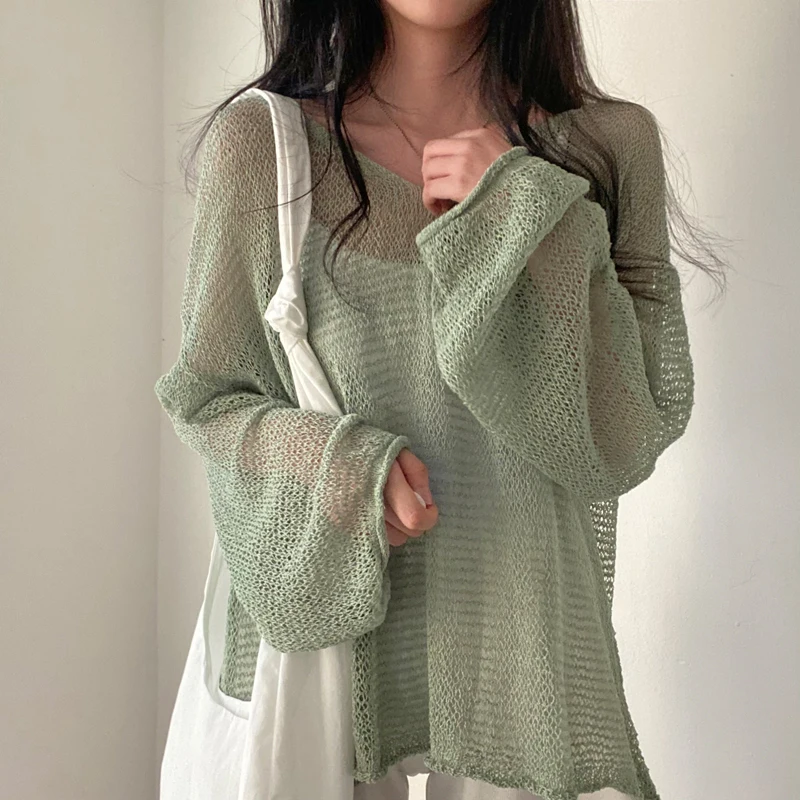 Y2K Korean Hollow Out Women Shirt Summer Fashion New Knitted Loose Female Blouse Casual All Match Long Sleeve Solid Ladies Tops