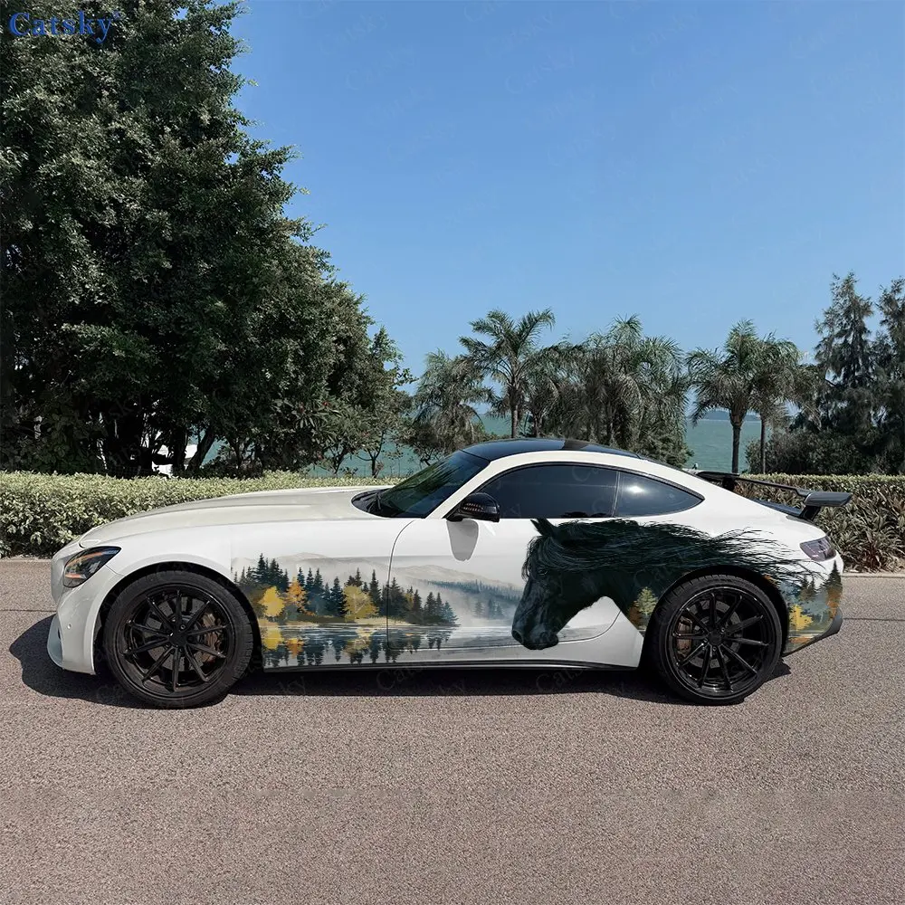 

2pcs Nature Black Horse Autumn, Durable, Fade-resistant, Enhance Vehicle Aesthetics With Bold Artistic Design Car Vinyl Wraps