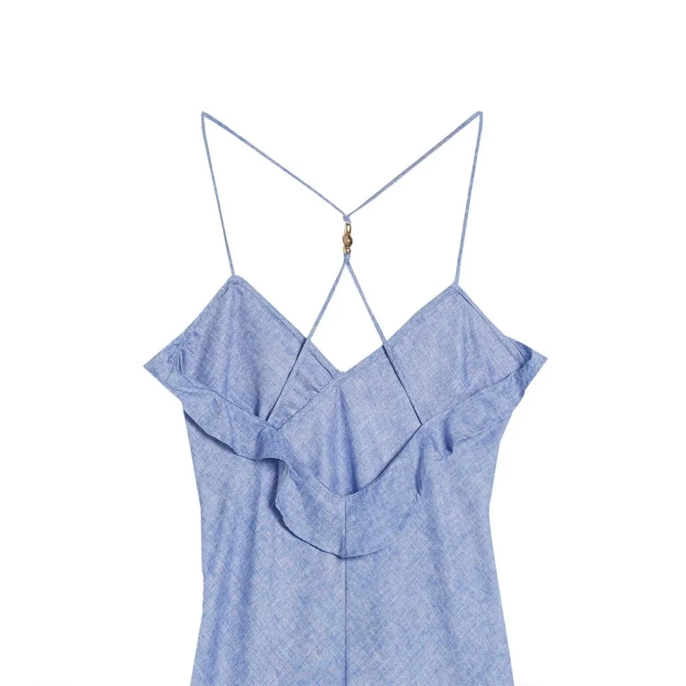 ZA feminino verão novo estilo de moda azul linho misturado em camadas vestido de alça decorativa