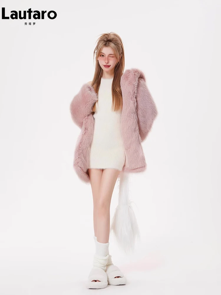 Lautaro Winter Long Loose Casual Cute Sweet Soft Thick Warm Pink Hairy Faux Fur Coat Women with Hood Furry Fluffy Jacket 2023