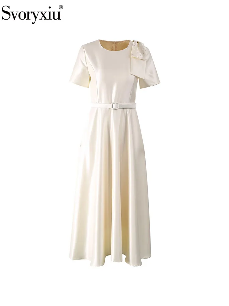 

Svoryxiu Summer Fashion Party Apricot Color Elegant Long Dress Women's O-Neck Crystal Short Sleeve High Waist Belt A-Line Dress