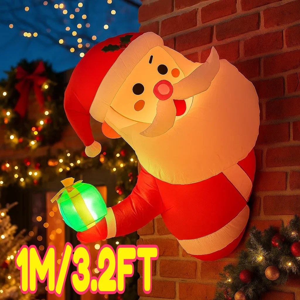 Papá Noel inflable de 1M/3,2 pies con luces LED de regalo, juguetes de decoración para el hogar, adornos navideños para patio, suministros festivos, decoración al aire libre