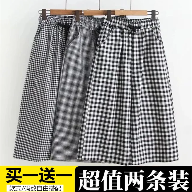 Summer Linen Cotton Checkered Wide Leg Cropped Pants for Women Loose Casual Drawstring Trousers Ladies PT-573 Streetwear Women