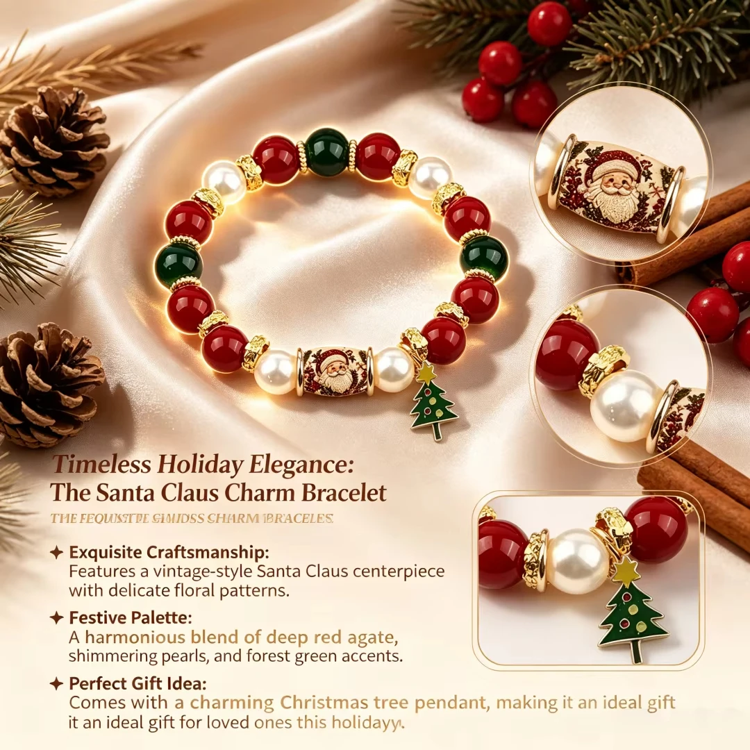2026 Christmas Crystal Beaded Bracelet Stretch Holiday Bracelet Santa Tree Reindeer Stocking Charm Bracelet Gift for Women Party