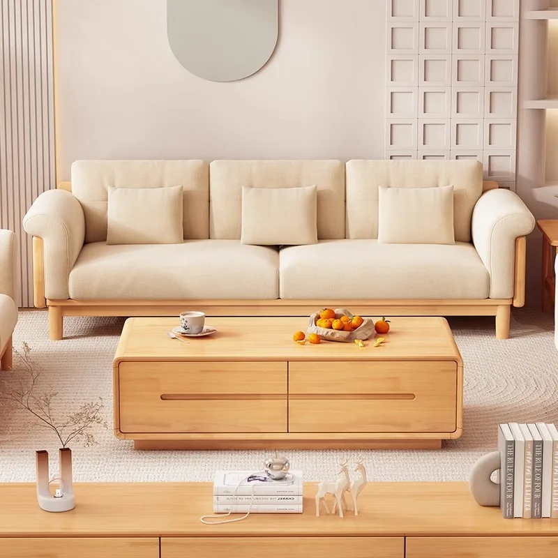 Japanese cloud sofa solid wood three-person log wind living room small apartment cream wind simple removable