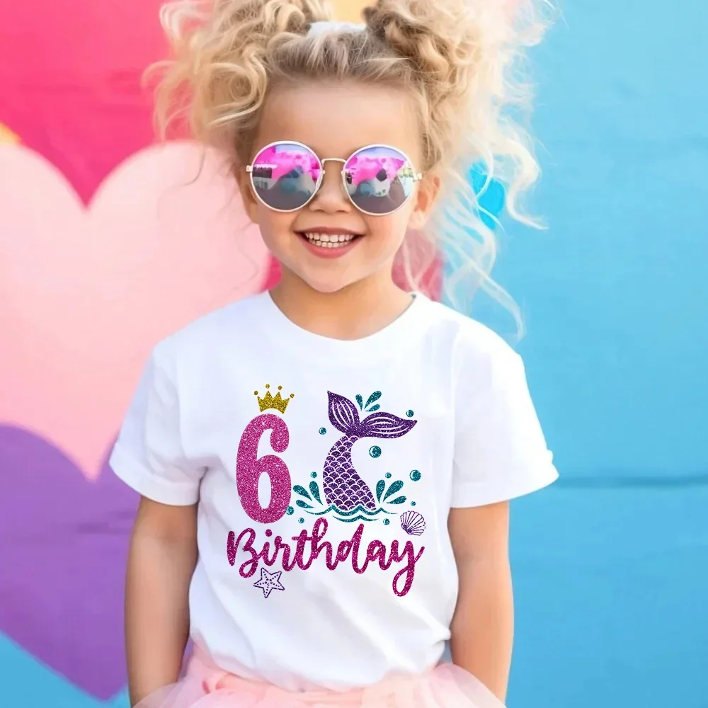 

New Sea Animal Fish Shell Starfish Print Birthday Shirts 1-9 Birthday T-shirt Girls Party T Shirt Ocean Theme Kids Top Shirt