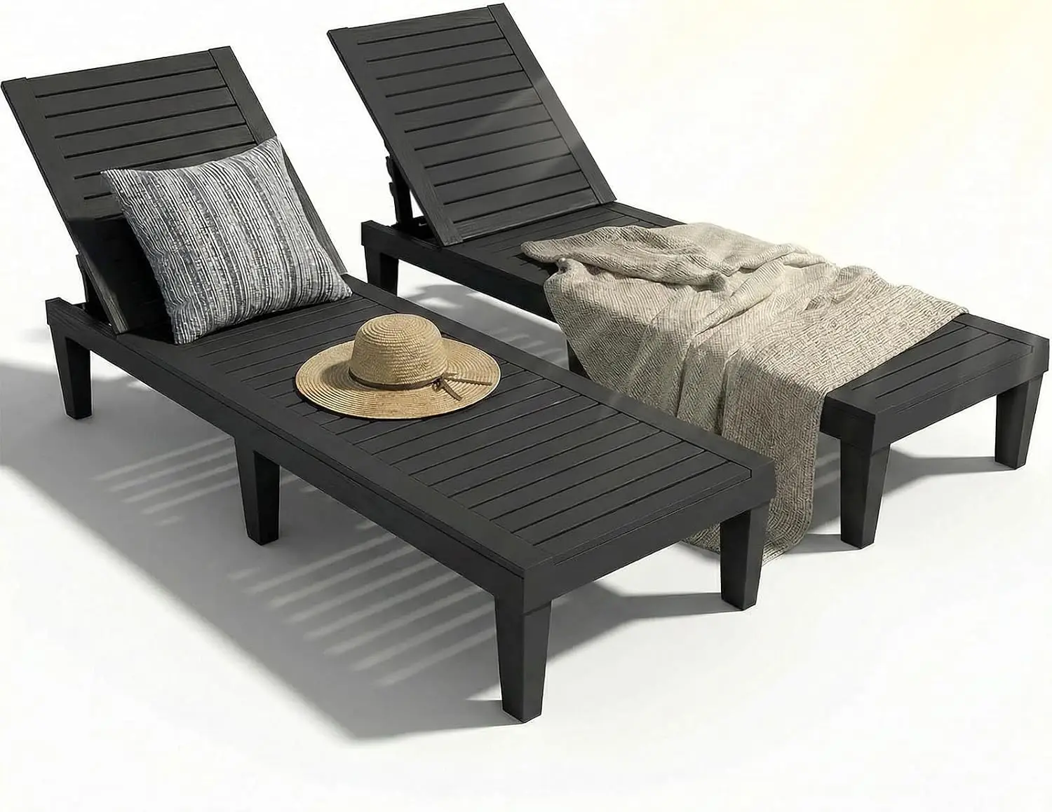 Set Of 2 Outdoor Chaise Lounge Chairs Waterproof Patio Reclining Loungers With 5 Position Adjustable Backrest High Impact All Weather Recliner Chairs For Pool Backyard Black