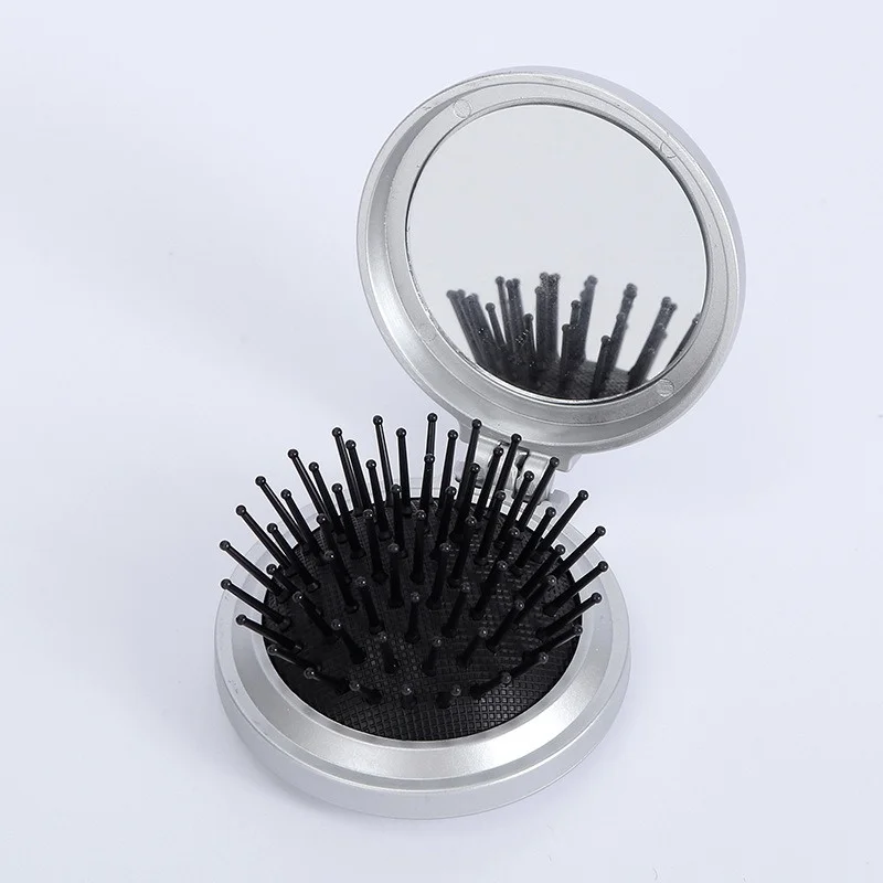 【Logo Custom】50Pcs Customized Silver Round Folding Integrated Airbag Comb Makeup Mirror Small Batch Factory Wholesale