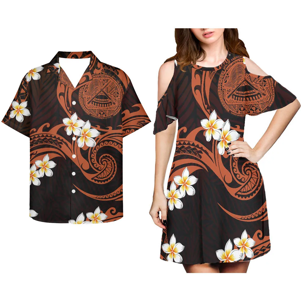 HYCOOL Brown Samoan Island Ethnic Couple Clothing Polynesian Tribal Cold Shoulder Dresses For Women 2022 Summer Vestido Casual