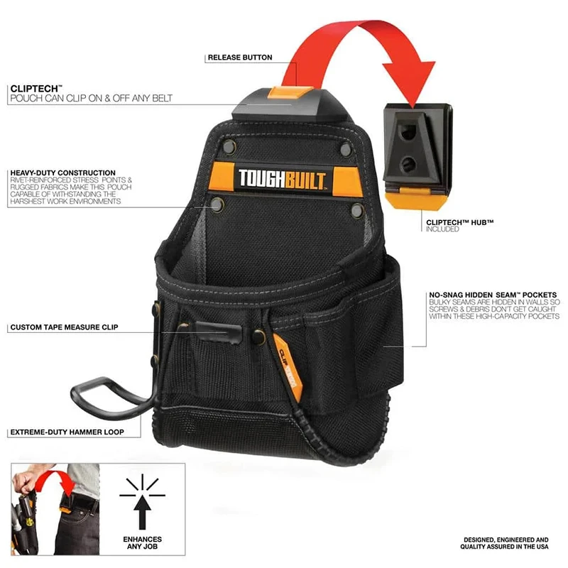 TOUGHBUILT TB-CT-24 Project Pouch Hammer Loop Durable Sturdy Accessibility Invisible Seam Pocket Bag With CLIPTECH