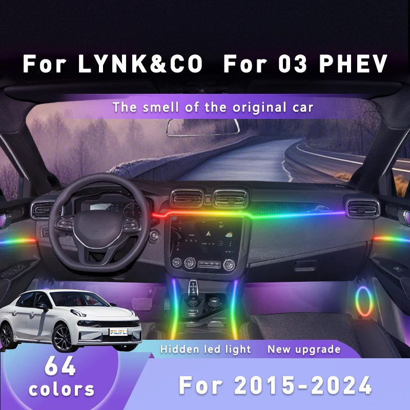 

For LYNK&CO 03 PHEV For 2019-2021 Wireless Car Ambient Lights APP Controlled Music Sync 64 Colors LED Car Interior Light Strips