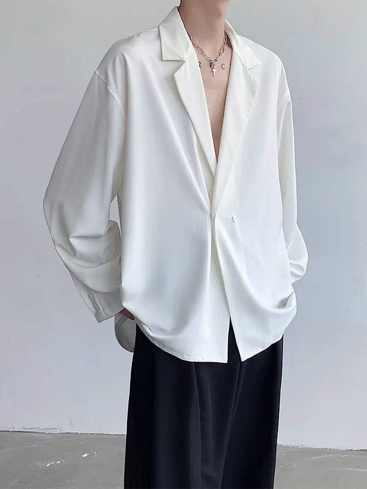

Ele Cuban Collar Long Sve Loose Men's irt Draped Sle Trendy Brand Youthful Polyester Fiber Autumn Faion irt