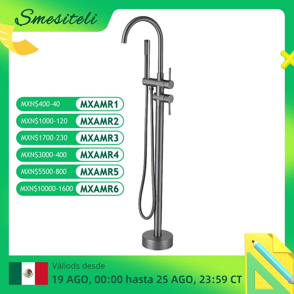 

Gunmetal Freestanding Bathtub Faucet Set Floor Mounted Mixer Hot & Cold Shower System 2 Modes Handheld Shower &Round Spout