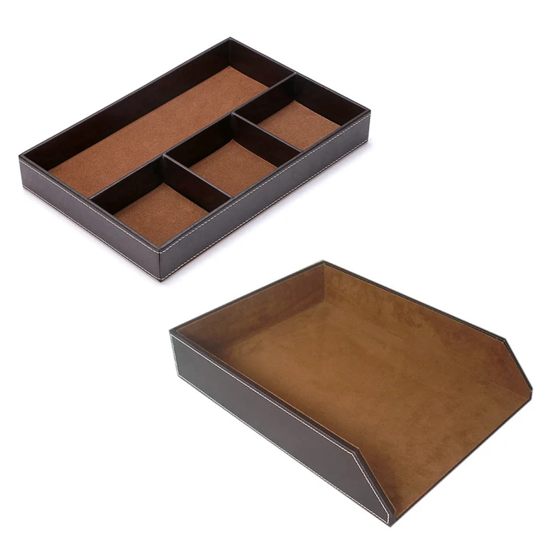 2PCS 4 Slots Desk Drawer Organizer With PU Leather Collection Letter Tray Brown Single Layer