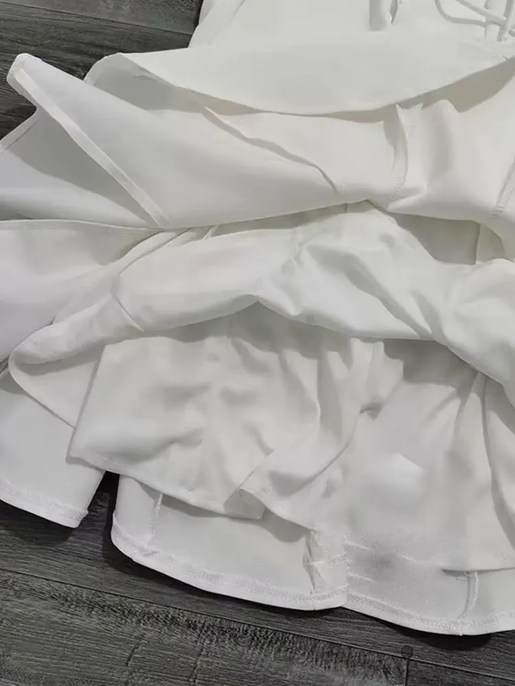 Women's Summer Fashion With Bow Casual Mini Dresses Solid Pleated Wide Hem Sleeveless Solid White Elegant Party Dresses