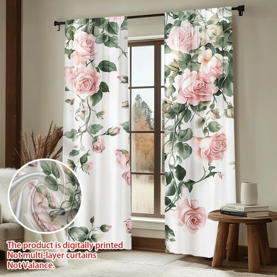 2PCS Digital Printed Curtains, Pink Ink Flower Marks Pattern, Beautiful Window Drapes for Living Room Bedroom Home Decor