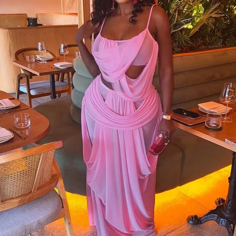 Sexy See Through Skirt Set Mesh Backless Camisole Top Draped Long Skirt Evening Gown Birthday Party Outfit Women's Two-piece Set