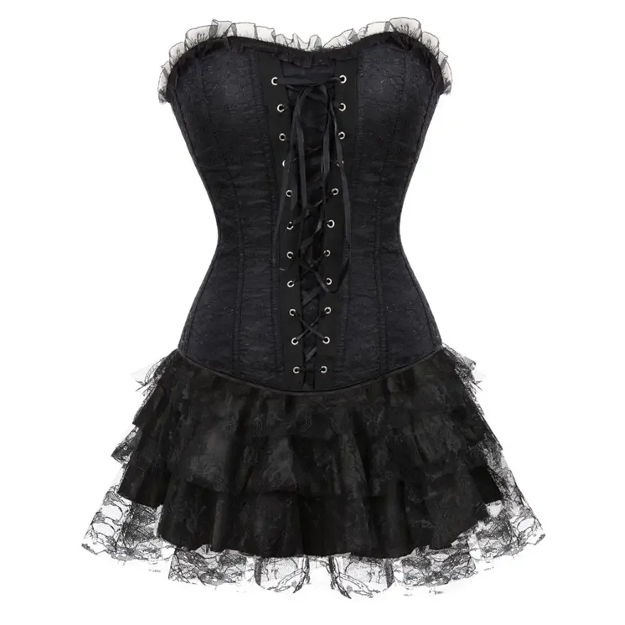 

Gothic Vintage Lace Trim Corset Top Sexy Burlesque Floral Corselet Bustier Lingerie Mini Tutu Skirt Party Costumes Plus Size