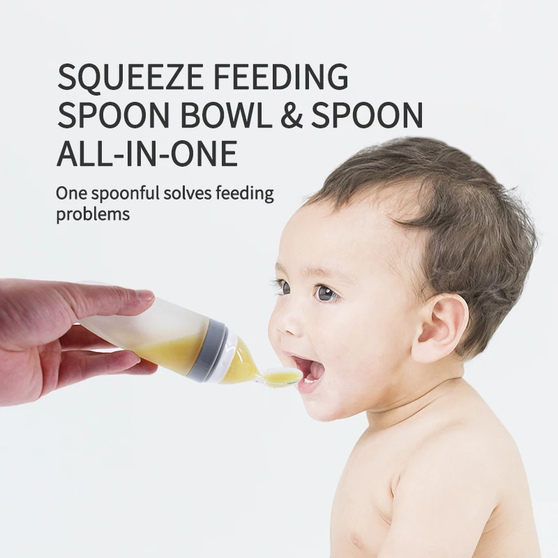 1PC Baby Silicone Rice Cereal Spoon Milk Bottle Squeeze Feeding Spoon Non Slip Soft Spoon Bottle Baby Food Supplement Tableware