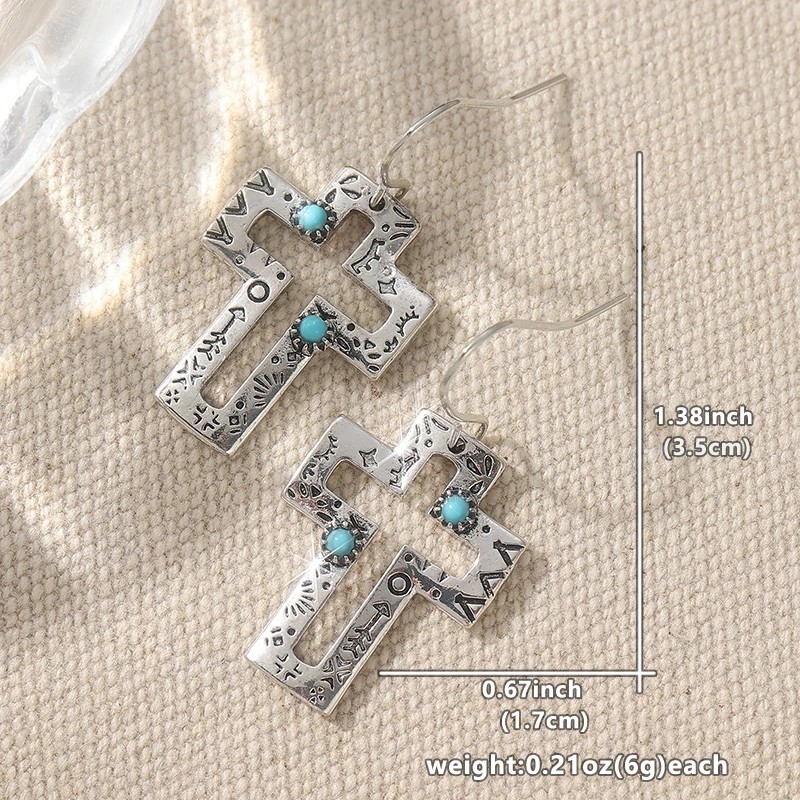 Ethnische Silberfarbene Blaue Stein-Kreuz-Ohrhänger für Damen Metall Handgeschnitzte Hohle Ohrringe für Party und Alltag – Detail 1