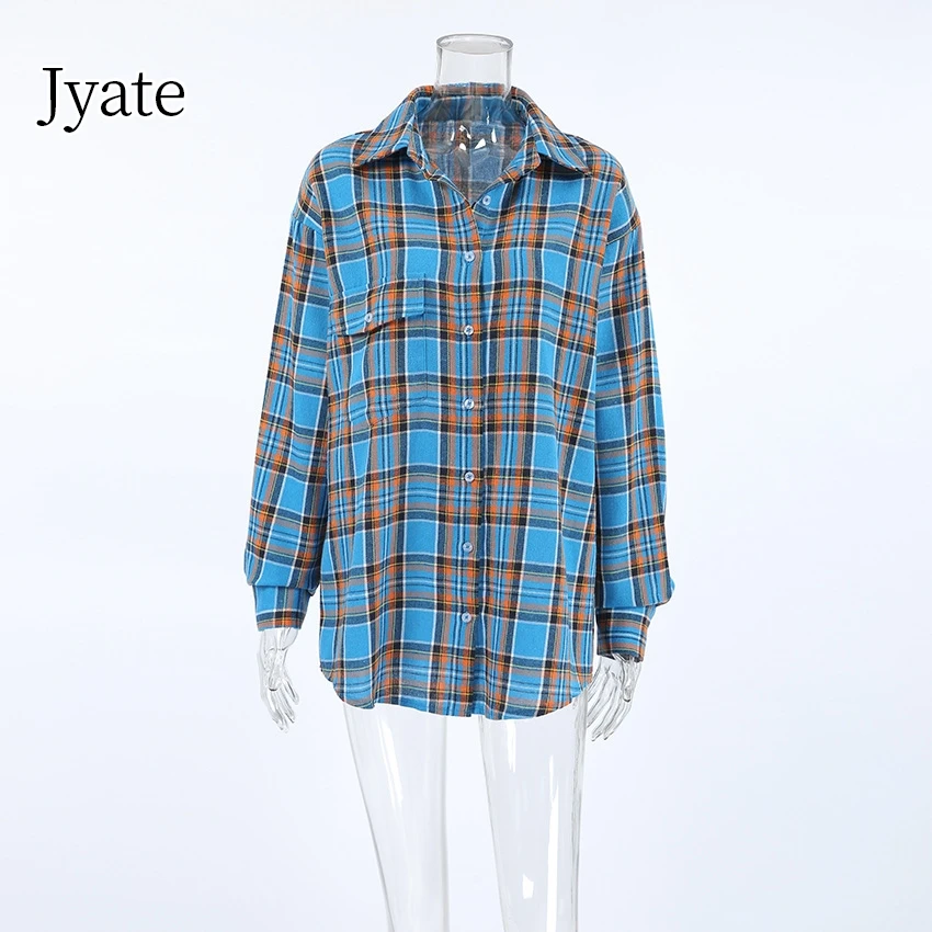 Jyate 2024 Fashion Streetwear Blue Plaid Shirts Women Casual Long Sleeves Lapel Blouses And Tops Oversize Office Ladies Shirt