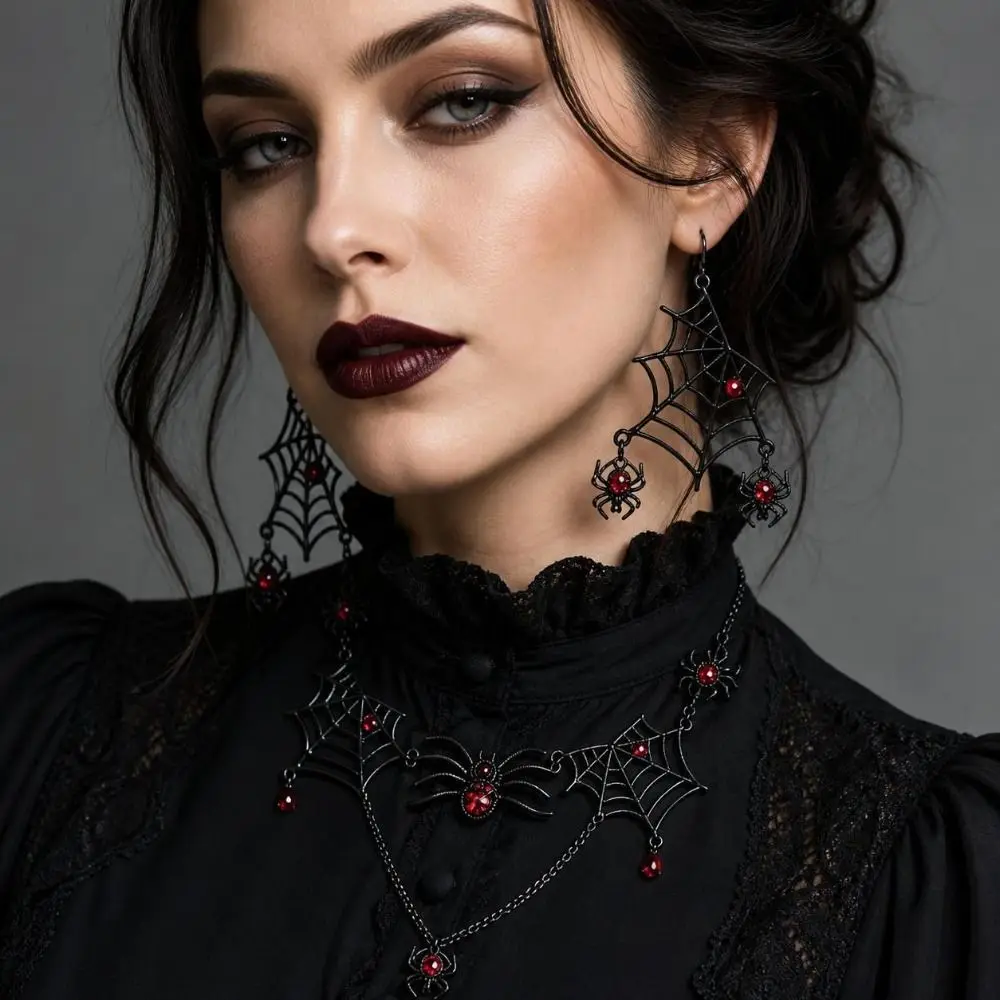 New Rhinestone Halloween Spider Ornate Zinc Alloy Gothic Jewelry Set Eye-Catching Black-Toned Earring Set Cosplay
