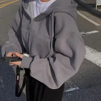 Korean Hood Shirt Women Fashion Fleece Lined Loose Hoodies Zipper Long Sleeve Crop Tops Harajuku Female Jackets Coats Sweatshirt - Image 5