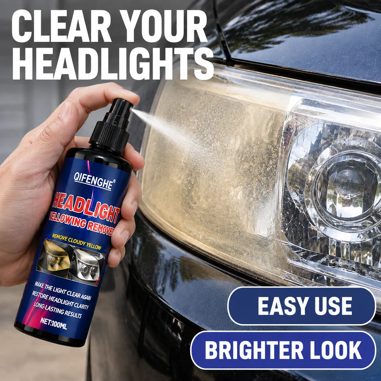 Car Headlight Yellowing Remover 100ml Lens Cleaner Headlamp Restoration Spray Remove Cloudy Yellow Oxidation Restore Clarity Aut