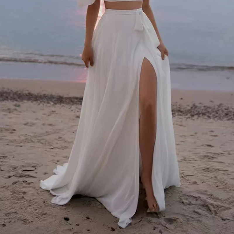 Chiffon afneembare Boho bruids lange rokken bruiloft hoge zijsplit afneembare overrok formeel feest trein strand aanpassen