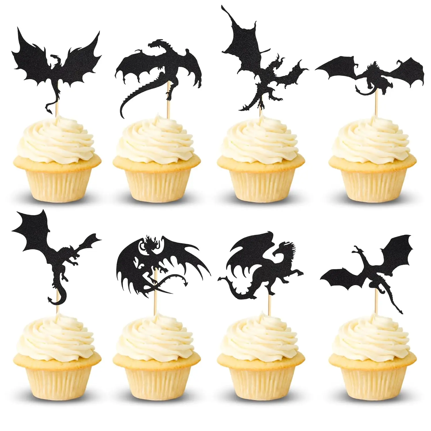 24-Piece Dragon-Themed Cake Topper Set – Glittery Dragon and Dinosaur Cupcake Picks, Perfect for Birthday Party Cake Decoration