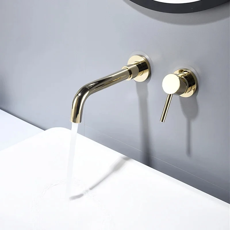 

Wall Mounted Basin Faucet Brass Single Handle Mixer Tap Hot And Cold Bathroom Water Bath Golden Plating Faucet Sink Mixer