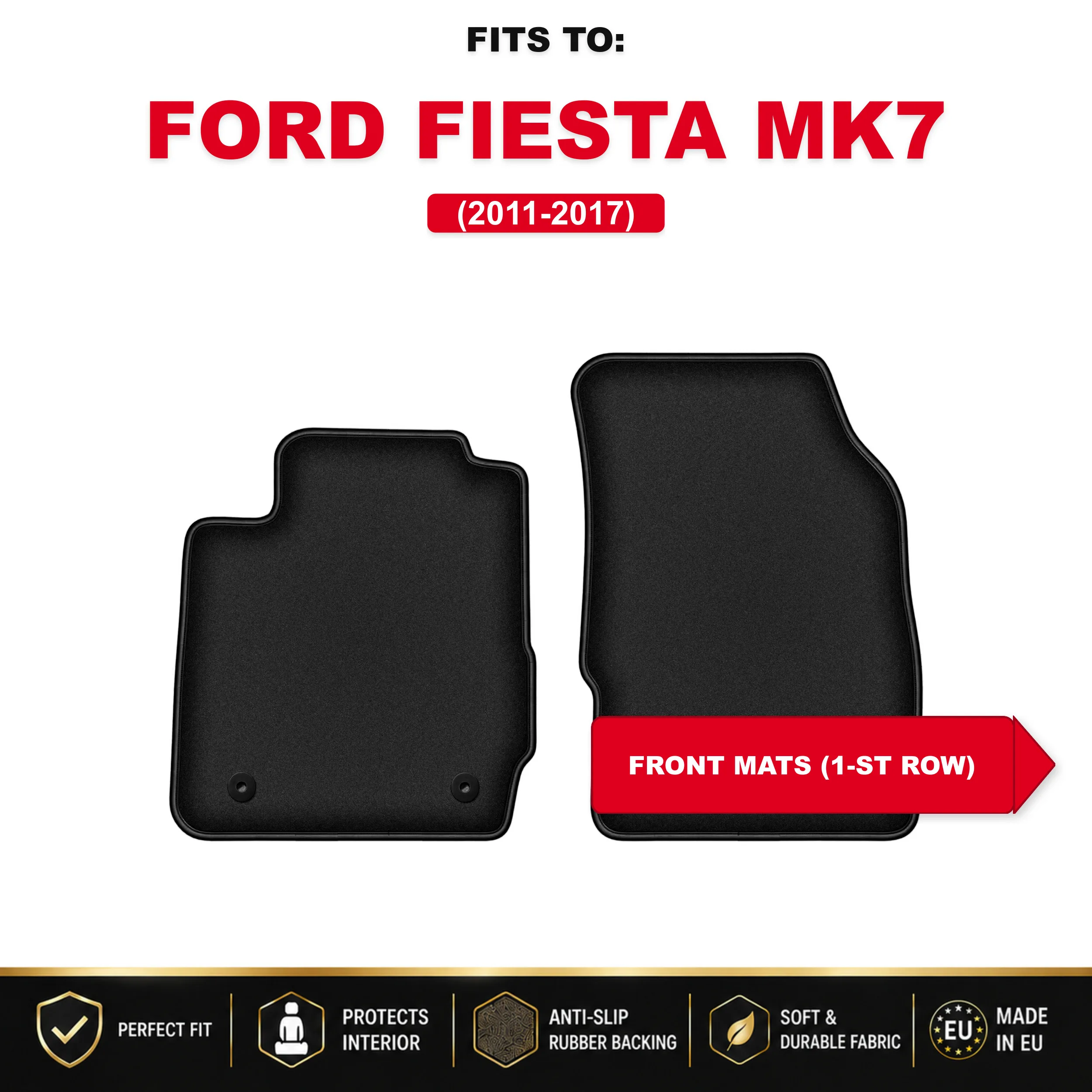 Voorste velours vloermatten, zwart, 2 stuks. Voor: Ford Fiesta MK7 2011-2017 set auto vloermatten voor de voorkant van het voertuig
