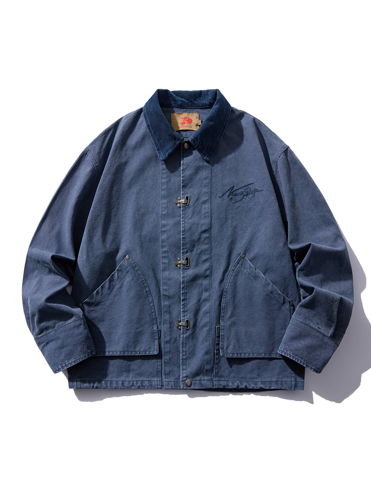 

Retro American Metal Bule Embroidered Waed Denim Jaet for Men Spring New Simple Workwear Outerwear Cotton Long Sve