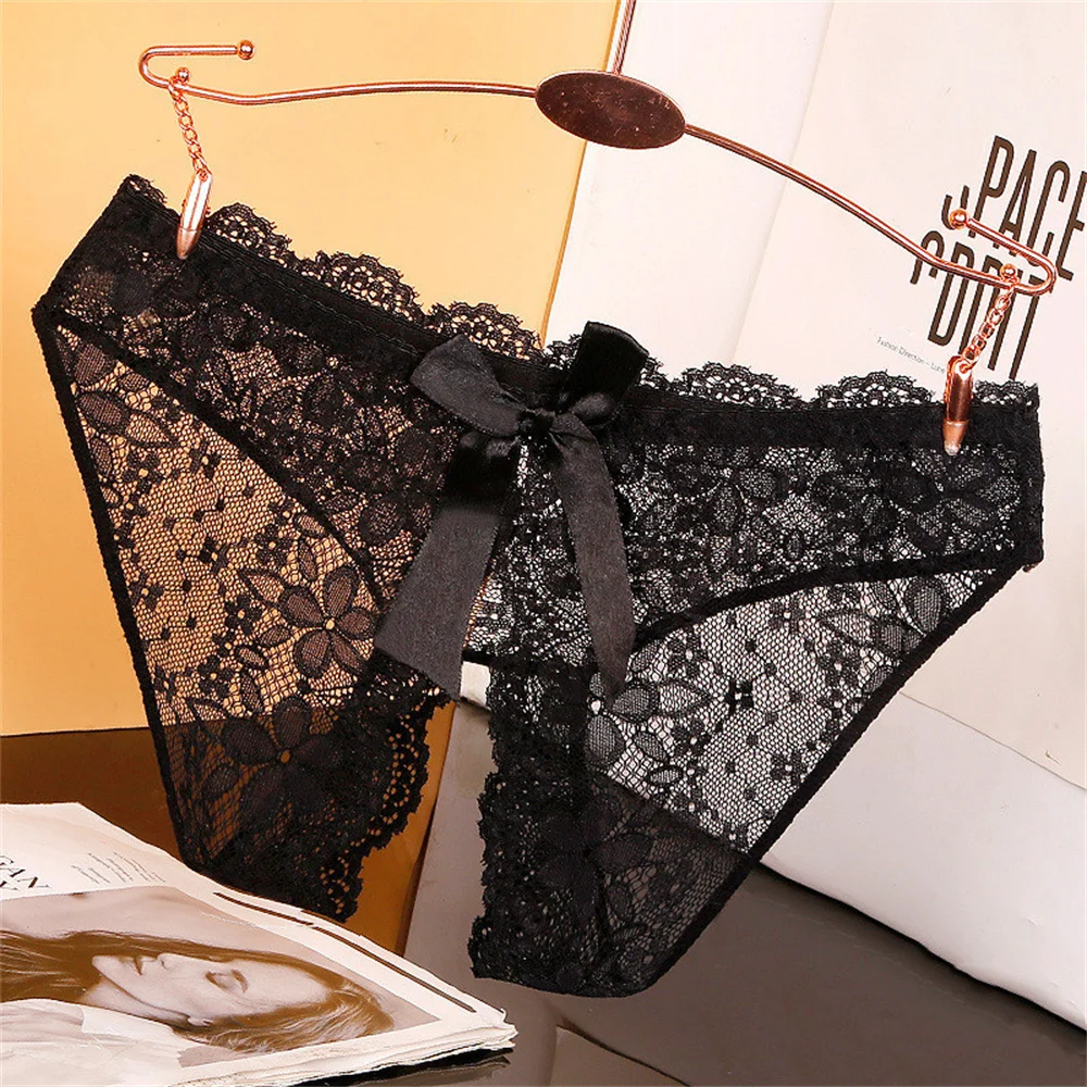 Women Open Crotch Panties Hollow Floral Lace Sexy Split Fork Underwear Large Size Bowknot Briefs