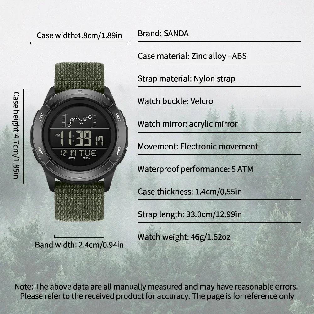 SANDA Military Sport Man Watch Nylon Strap LED Digital Display Multifunction Alarm Clock Countdown Waterproof Men's Wristwatch image 5
